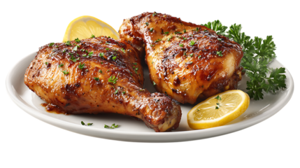 Two juicy chicken drumsticks with lemon isolated on transparent background