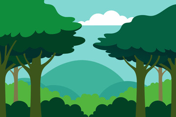 Stylized cartoon forest landscape with green trees and rolling hills