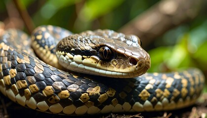 Obraz premium Close-up of a snake coiled in foliage