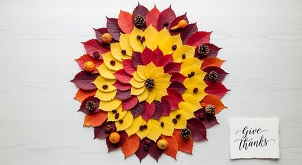 Autumnal mandala of colorful leaves, pine cones, berries, and mini pumpkins with give thanks card