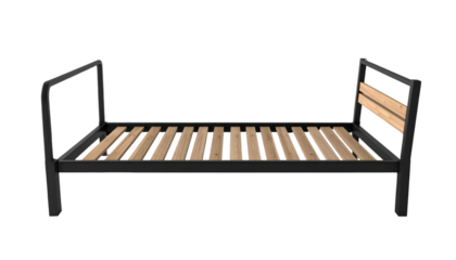 Modern minimalist bed frame featuring black metal construction with natural wooden slats for a comfortable sleeping area, displayed against a dark, solid black background.