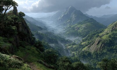 Mountain valley, lush green, mist, ruins