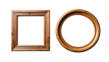  Rustic wooden frame collection with rectangle and round shapes, isolated on transparent background