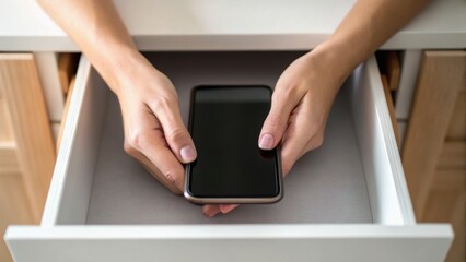 A person places a smartphone into a drawer, emphasizing the concept of organization and technology use in everyday life.