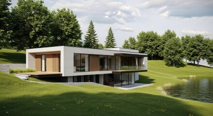 Modern architectural structure with contemporary design features a sleek, minimalist aesthetic, showcasing large glass windows, wooden accents, and a flat roof, nestled amidst a verdant landscape...