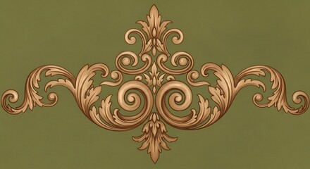 A detailed illustration of a golden baroque style ornament against a muted green background centered horizontally