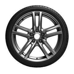A detailed depiction of a modern metallic alloy wheel, accompanied by a robust tire with intricate tread patterns, is centrally positioned against a stark black backdrop, emphasizing the sleekness...