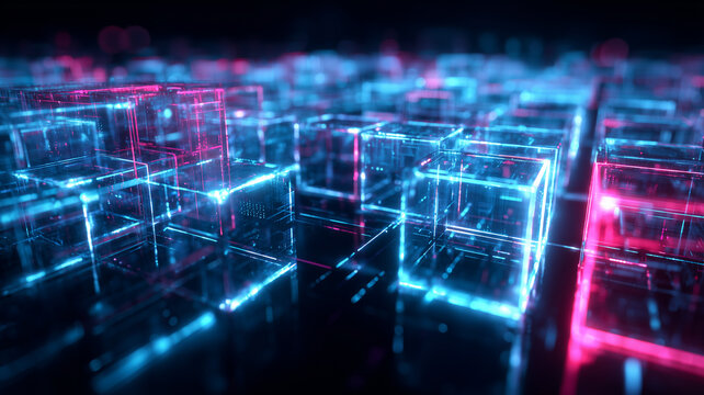 A detailed blockchain infrastructure concept depicted with illuminated data blocks forming a distributed ledger, symbolizing decentralized transactions, transparent records