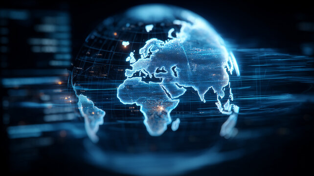 A fast moving digital globe with streaming lines conveys global data transfer high speed networks and realtime connectivity.
