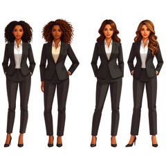 Diverse Professional Women in Business Attire, Confident Standing Poses, Realistic PNG Element Set, Isolated on Transparent Background