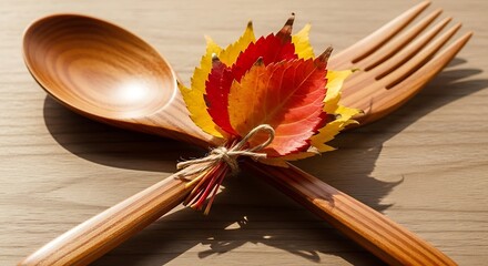 Wooden spoon and fork crossed with colorful autumn leaves tied together on a wooden surface top view