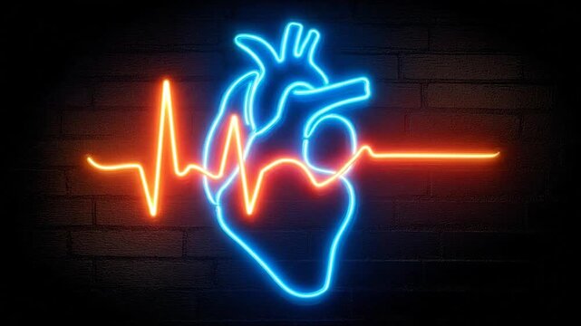 Glowing neon heart with ekg wave against black background