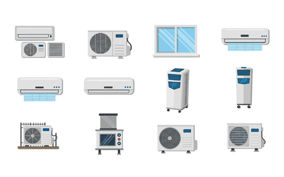 Illustration showing various types of air conditioning units including window and split systems and portable acs