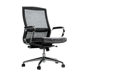 Modern, sleek office chair features a black and silver design with a mesh backrest and chrome accents, positioned against a stark black background, providing ample copy space.