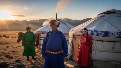 Nomadic Life at Sunrise with Traditional Yurts and People in Mongolia