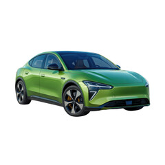 Obraz premium Bright green electric sedan with sleek design and dark tinted windows isolated on a transparent background
