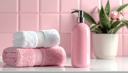 Bathroom still life towels, pump bottle, and plant against pink tile backdrop