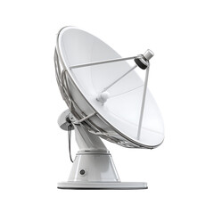 A white satellite dish antenna isolated on transparent background, side view