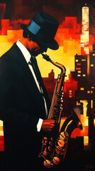Obraz premium Saxophone Serenade: An illustration captures a man in a suit playing the saxophone. The dynamic scene is set against the backdrop of an evening city.