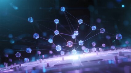 Digital network of interconnected nodes with glowing hexagons and light effects in a futuristic technological environment