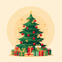 Festive Christmas tree decorated with gifts and shining star topper