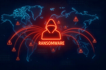 Global ransomware cyber attack concept with hacker icon