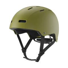 Olive green cycling helmet with black straps and buckle isolated on a transparent background safety protection