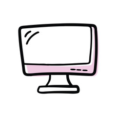 Stylized computer monitor with pink base and blank screen doodle technology work vector icon

