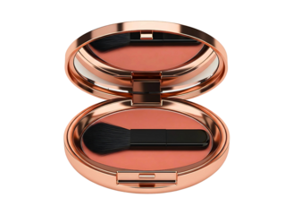 Pink cream blush compact with applicator isolated on transparent background