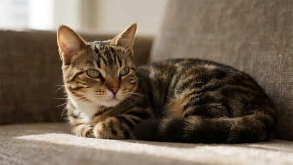 Fototapeta premium A tabby cat resting on a couch in a sunlit room