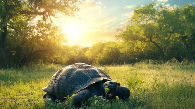 Majestic Tortoise on Lush Green Grass Under a Bright Sunset in a Peaceful Natural Setting 4k video footage