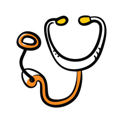 Stylized stethoscope with orange tubing and yellow earpieces doodle medical health vector icon

