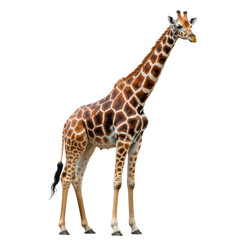 Realistic giraffe with brown and white patches standing tall isolated on a transparent background animal