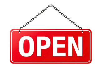 Red open sign hanging isolated on transparent background