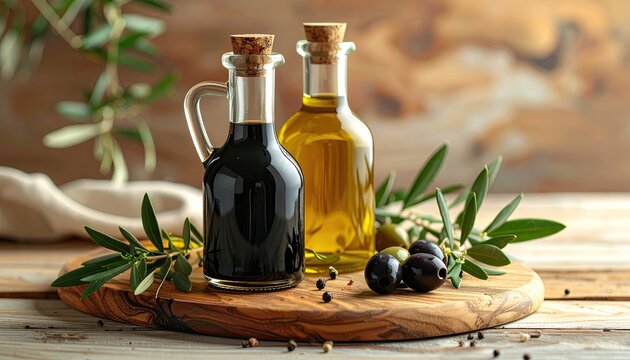 Two glass bottles with corks hold dark and light liquid, olives, herbs on wood - Powered by Adobe