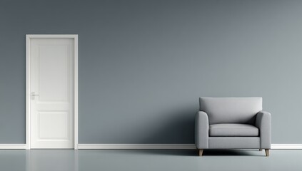 Interior scene with a white door, gray chair, and matching wall on a reflective floor