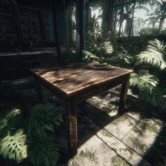 Rustic Wooden Table In Tropical Garden