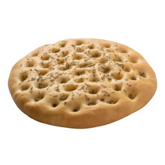 Round focaccia bread with dimples isolated on transparent background