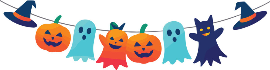 Halloween garland with cartoon ghosts, jack-o'-lanterns, witch hats, festive decorations, spooky cute banner, colorful holiday vector, playful Halloween party design
