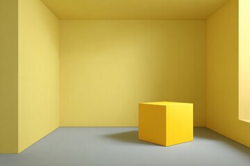 Yellow-toned room with minimalist cube on a gray floor. Window light adds dimension