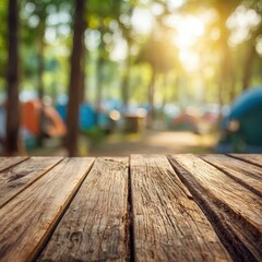 Wooden Table Top In Campsite With Blurred Background