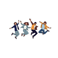 Group of diverse young adults joyfully jumping together against a white backdrop, celebrating unity and togetherness