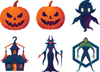 Halloween character set with spooky pumpkins, haunted house, ghost, witch, monster alien, dark fantasy vector, creepy cartoon icons, seasonal horror illustration