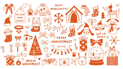 Dog Christmas Doodle Set. Large Collection of Whimsical Playful Pet Accessories. Holiday hand drawn elements, icons, happy puppies bones gifts hats stocking. Vector illustration