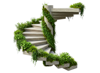 Ornate stone spiral staircase with lush green plants isolated on transparent background