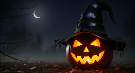 Obraz premium The typical Halloween pumpkin wears a torn hat so it looks cute.