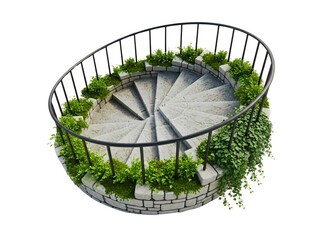 Ornate stone spiral staircase with lush green plants isolated on transparent background