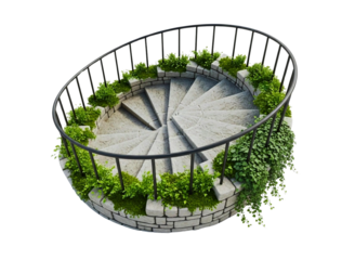 Ornate stone spiral staircase with lush green plants isolated on transparent background