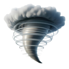 Realistic swirling tornado funnel cloud with transparent rings isolated on a transparent background weather