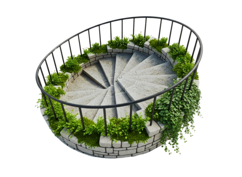 Ornate stone spiral staircase with lush green plants isolated on transparent background
